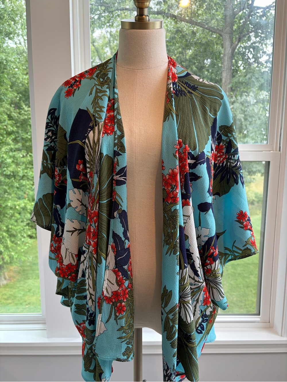 Floral Open-Front Kimono Jacket in Aqua